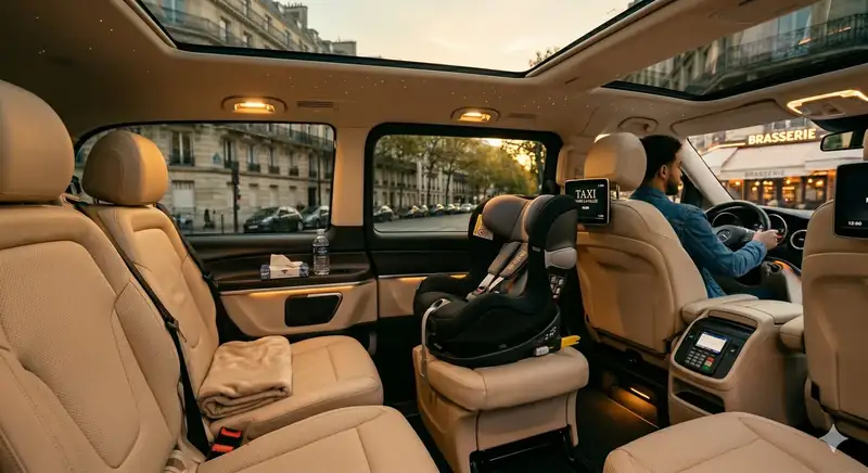 La Seine et ses monuments depuis Disneyland : guide 2026 — intérieur Mercedes Classe V taxi