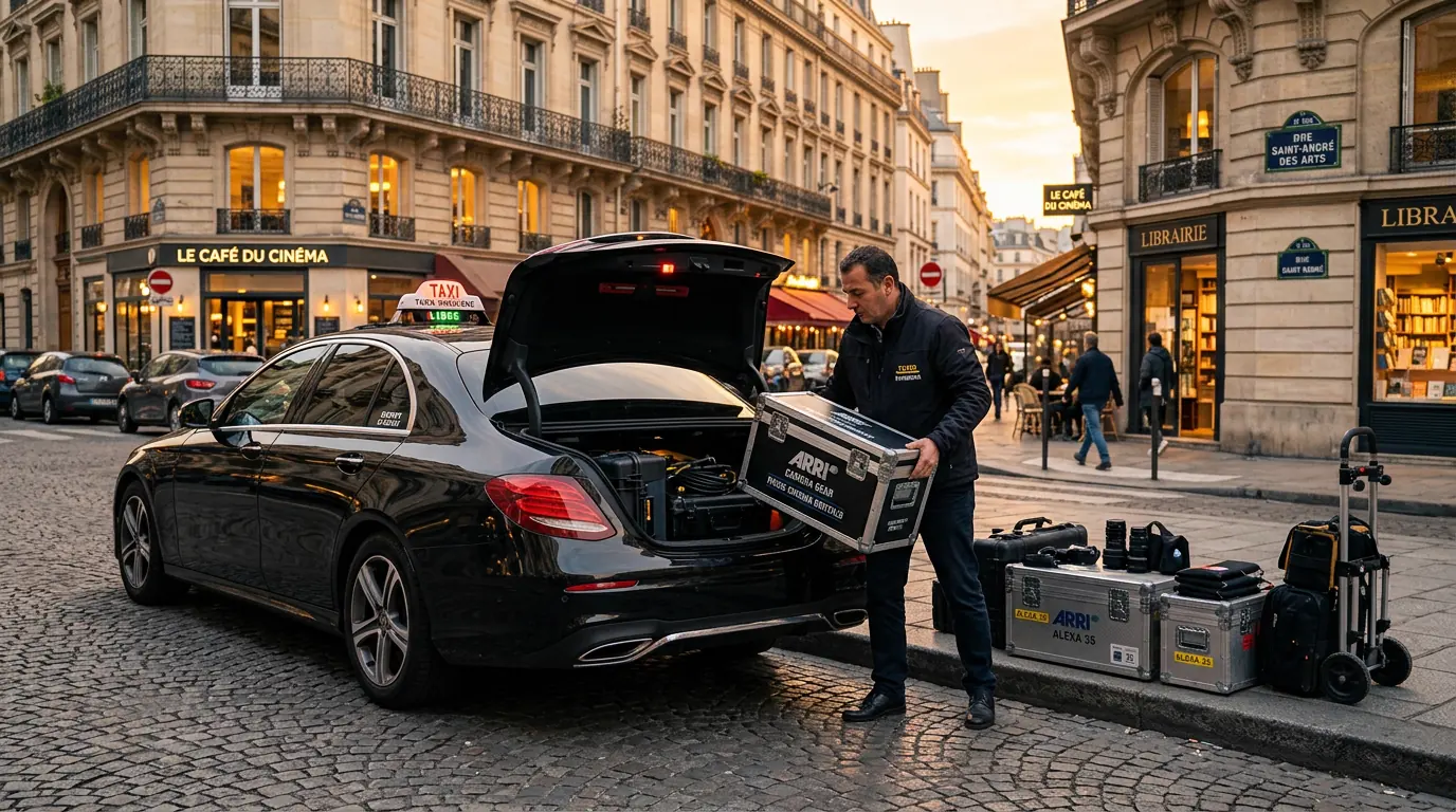 Matériel de tournage et caisses de régie chargés pour une livraison longue distance sur un plateau