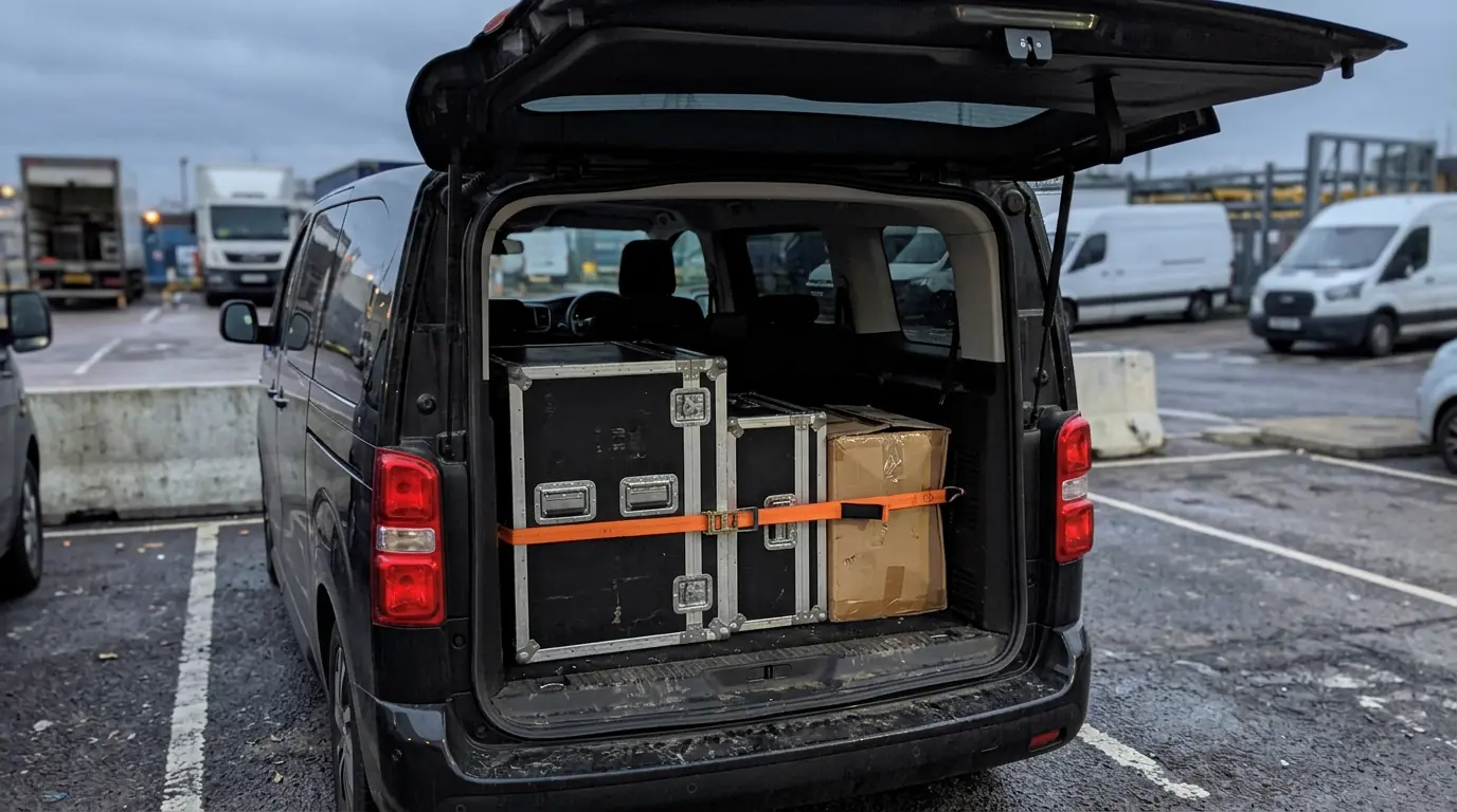Geöffneter Kofferraum des Vans auf einem Parkplatz, Flightcases und Karton mit Spanngurt gesichert