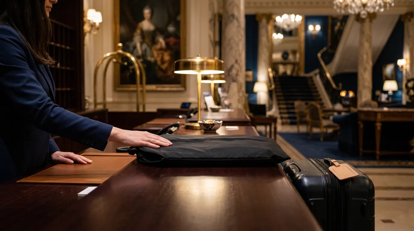 Housse à vêtement et valise cabine mises de côté sur le comptoir de réception d'un hôtel parisien, prêtes à être récupérées