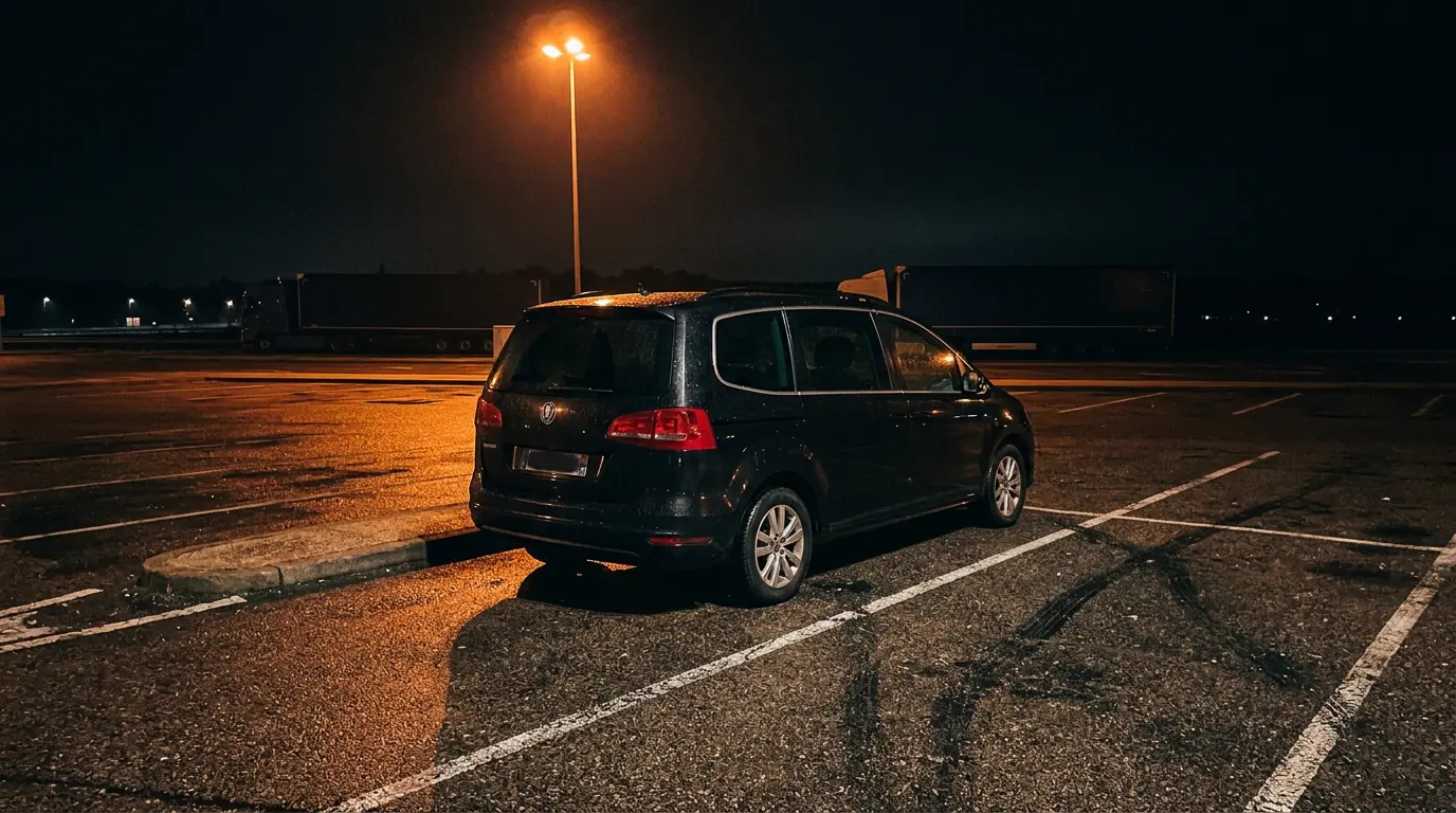 Van auf einem menschenleeren Autobahnrastplatz mitten in der Nacht, nasser Boden unter den Laternen