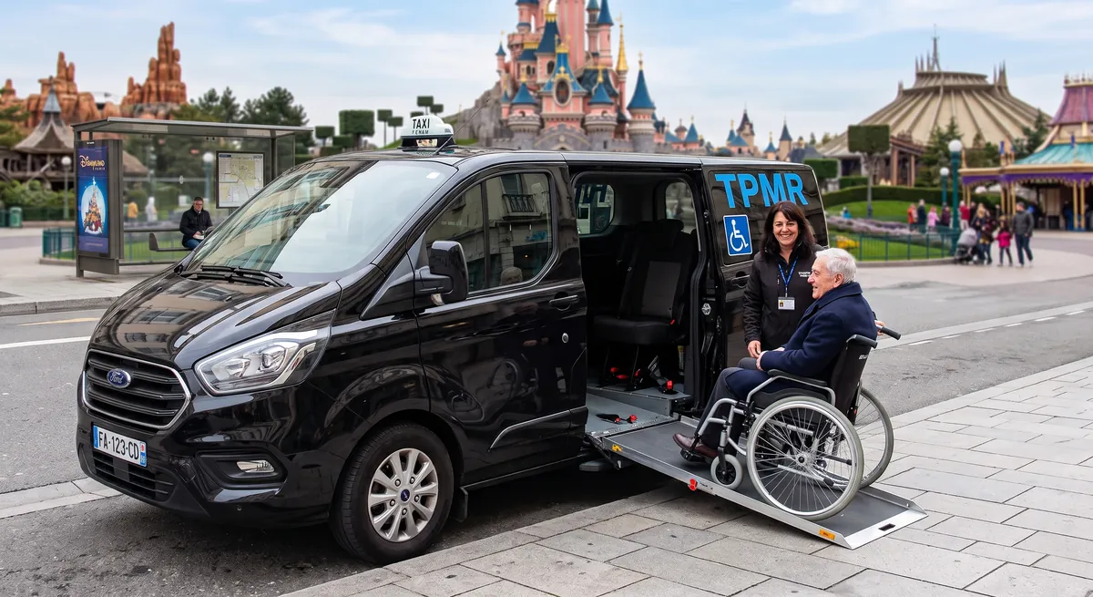 Taxi adaptado negro con la rampa desplegada, un pasajero en silla de ruedas subiendo frente al castillo de Disneyland Paris