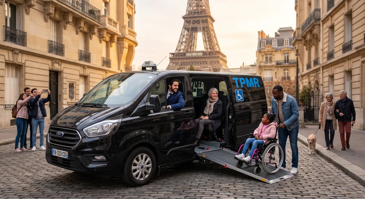 Taxi adaptado con rampa desplegada en París, una niña en silla de ruedas a punto de subir, con la Torre Eiffel al fondo