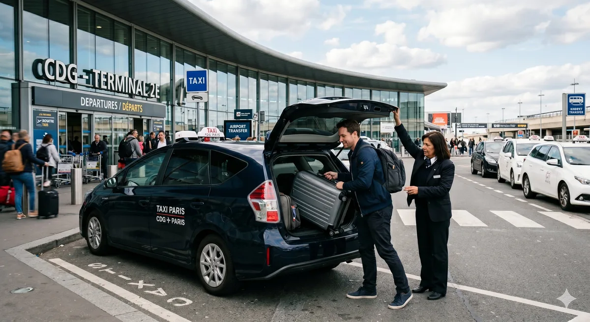 CDG airport transfer by taxi — baggage pick-up at Roissy terminal 2E