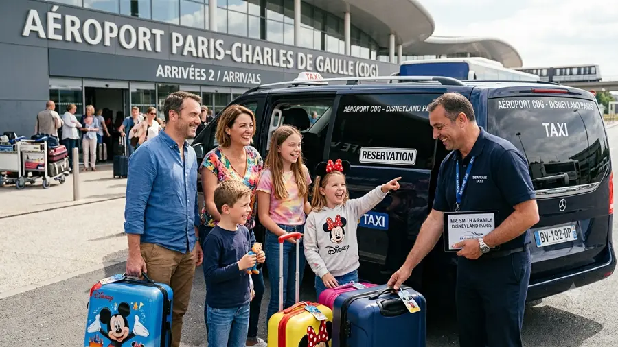 Taxi aeroporto CDG — famiglia accolta dal suo autista all'aeroporto Parigi Charles de Gaulle, in partenza per Disneyland Paris